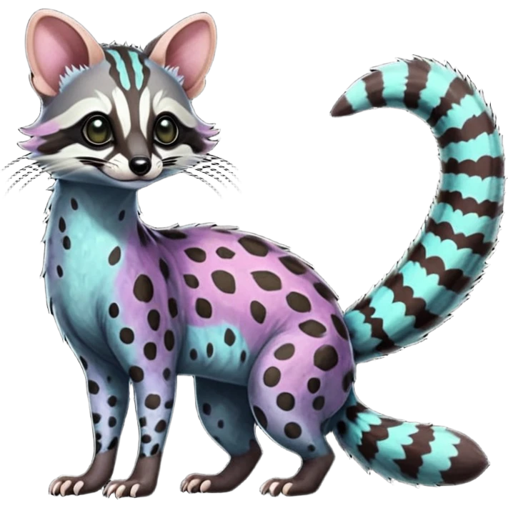 Feral Rare Fantasy iridescent scaly shaded detailed vibrant colorful Genet-Trico-Civet-Cacomistle-Margay-species by LiLaiRa, with dark-blackish points, white belly, random markings, tufted tail, tufted ears, full body emoji