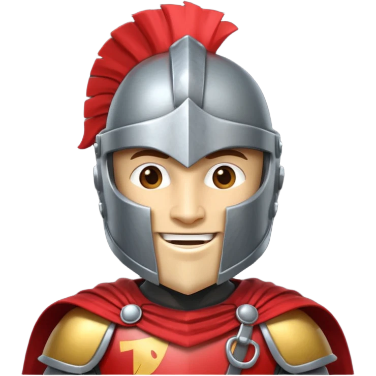 A friendly Trojan warrior mascot with a large cartoon-style head, wearing a silver helmet with a red crest and black cheek guards.  confident smile. The character wears dark armor with metallic details and a bright yellow cape.  emoji