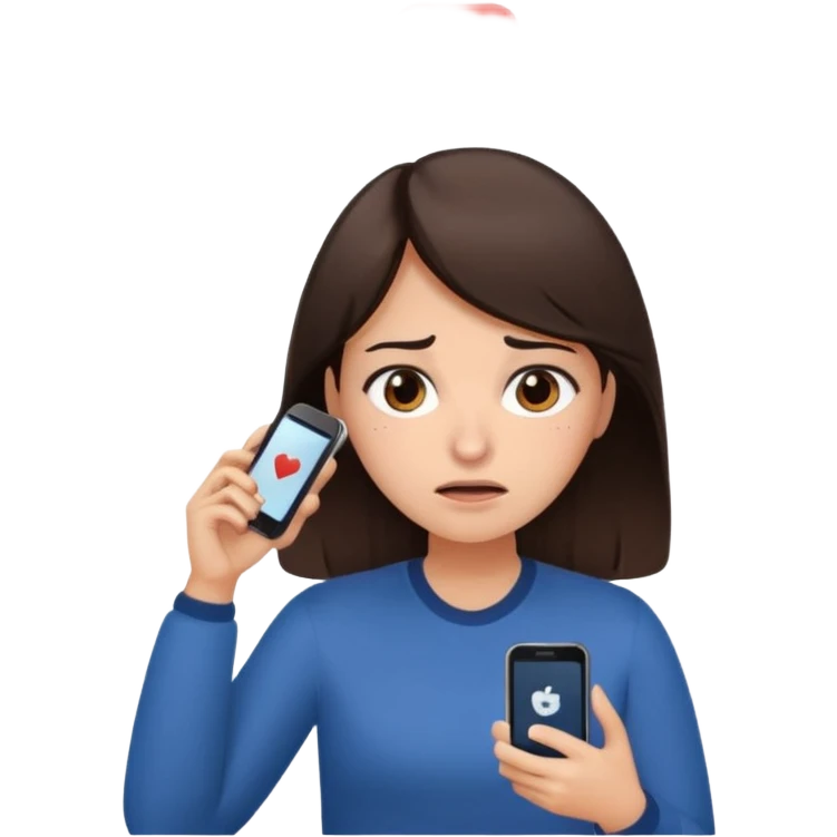 Social media manager. She has dark brown hair, brown eyes, overwhelmed expression, tired eyes, slightly stressed face,a holding a smartphone with notifications piling up emoji