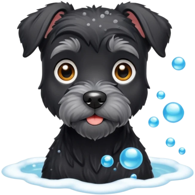 Black miniature schnauzer getting a bath with soapy bubbles emoji