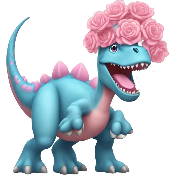 a pastel-blue dinosaur holding a giant pink bazooka wearing a big crown with flowers and really big eyelashes and it’s laughing  emoji