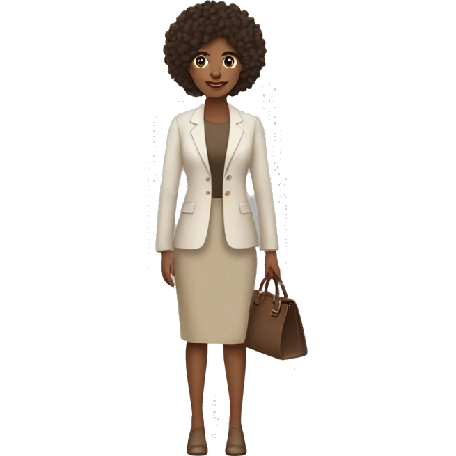 Arquitecto mujer con piel blanca, cabello rizado café vestida con un traje sastre contemporáneo y moderno color beige y mocasines contemporáneos  emoji