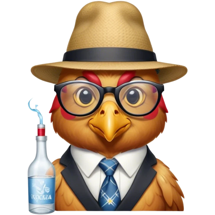 Chicken with a tattoo of three sixes above its eyebrow, wearing glasses, a hat, a tie, and holding a bottle of vodka. emoji