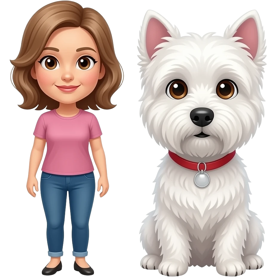 Middle age woman brown eyes , shoulder length light brown hair, with a female westie and a male westie emoji