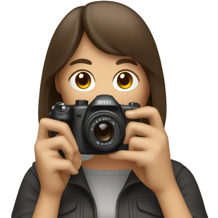 Woman with bangs, brown hair, with a camera taking pictures emoji
