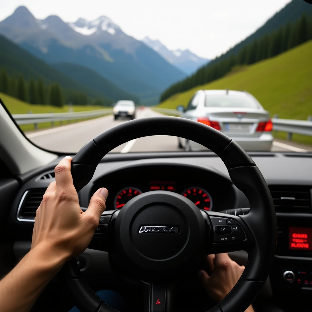 Realistic camshot pov of monkeu car (hands holding car wheel) switzerland road with car crash emoji