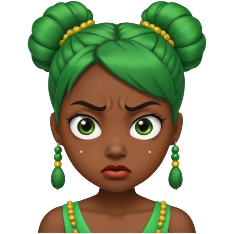 Create a 3D cartoon-style girl character with dark skin, round face, angry expression, big wide eyes, and tightly styled double buns made of green beaded hair. The girl should look irritated, eyebrows sharply angled, and lips pressed in a frown. emoji