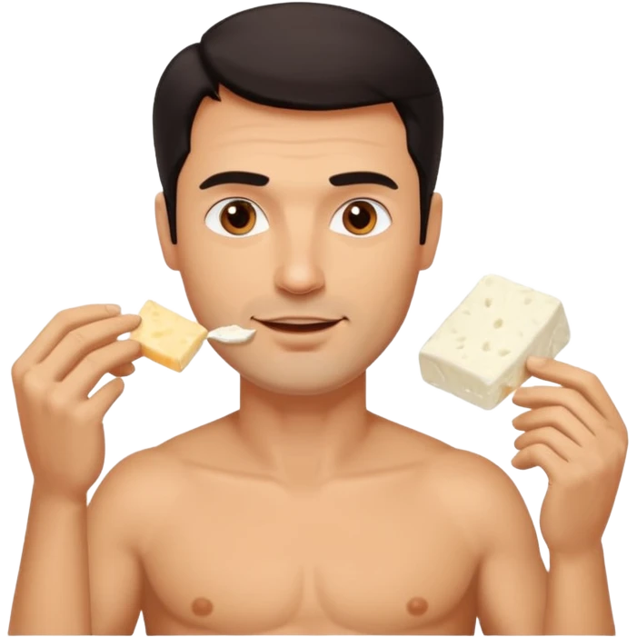 A handsome 45 year old white man with dark hair eating paneer sexily. emoji
