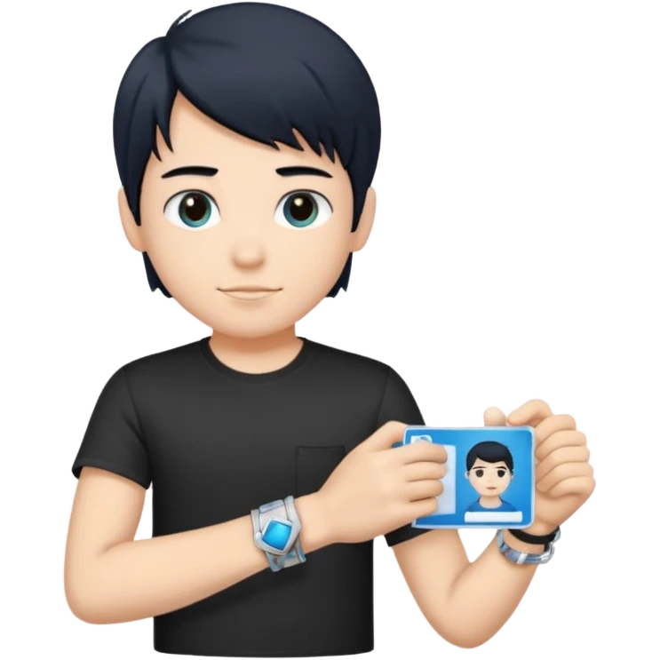 driving license of ipretty bratz emoji of a boy with a black tee, silver- blue bracelet, black hair emoji