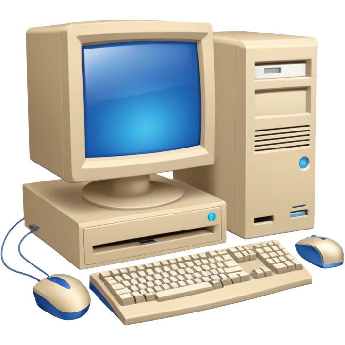 Early 2000s desktop computer, beige plastic casing, CRT monitor with blue screen, tower CPU with CD drive, separate wired keyboard and mouse, simple tech setup emoji