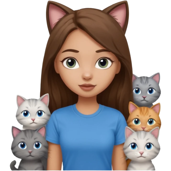 a pretty bratz dusky light skin girl with long brown hair, blue eyes with six cats nd wearing a grey tshirt emoji