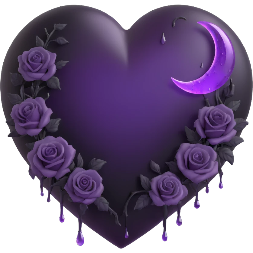 3D emoji gothic heart, purple glass, crescent moon with dripping effect, black roses in a heart shape, faint lightning, misty rain, cracked glass with misty glow emoji