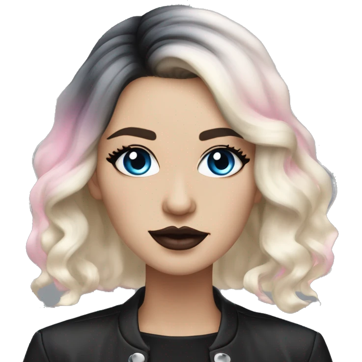 Slavic adult woman, goth eyes makeup, pink lips, blue eyes, medium bob black-to-blonde ombre wavy hair, white T-shirt and black office jacket. emoji