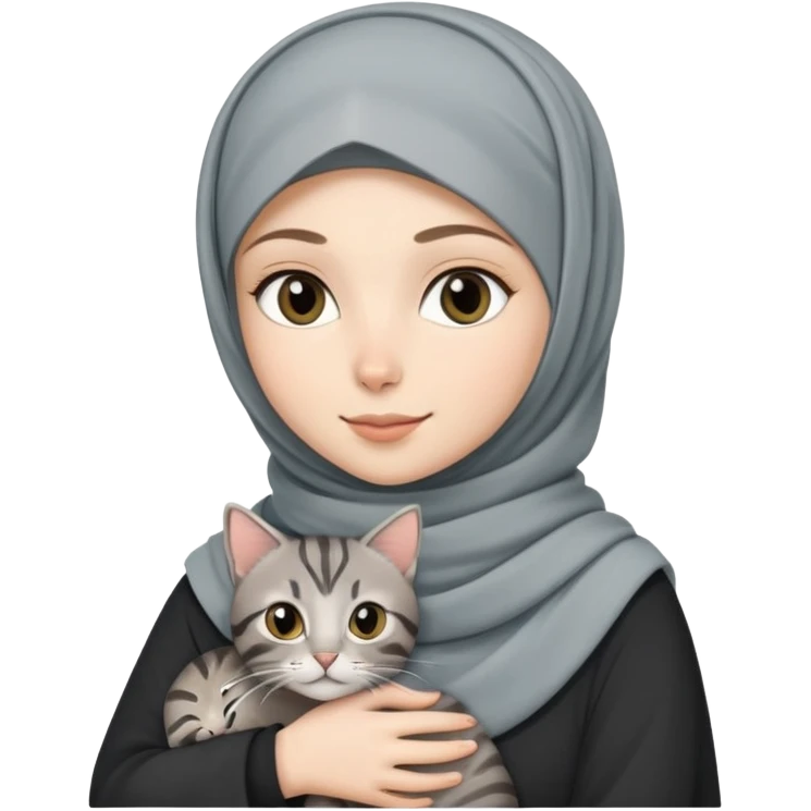White girl wearing  hijab holding a black grey tabby cat emoji