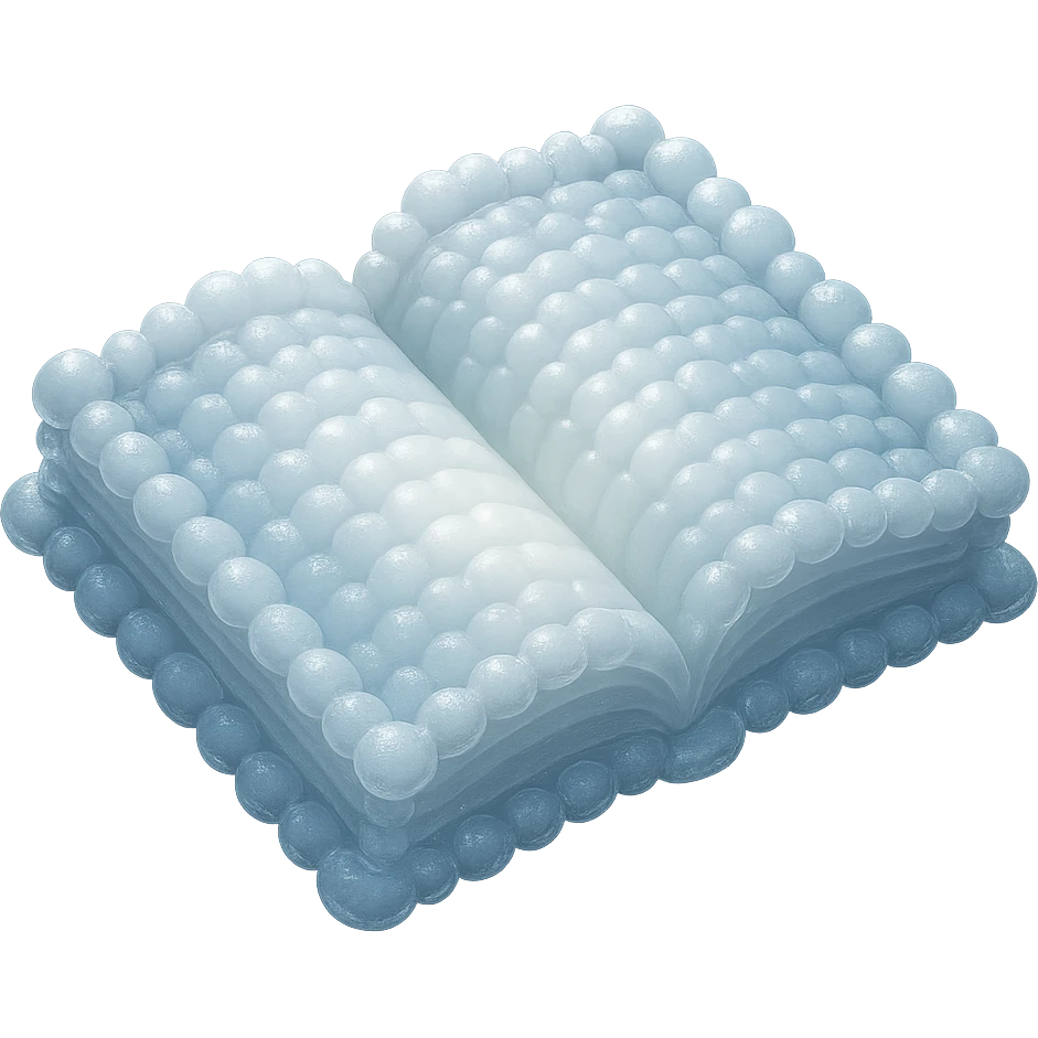 thick open book viewed from above, made entirely of small very bright white fluffy convex clouds, matte glass style emoji
