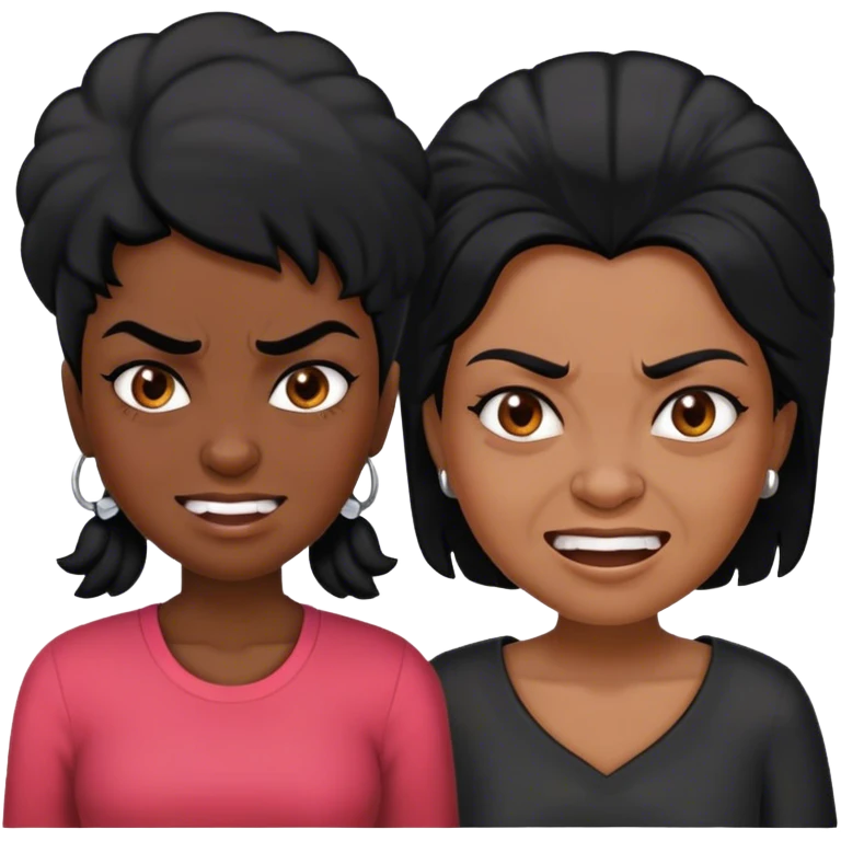 a black-skinned angry girl with black hair next to an older black lady who smile emoji