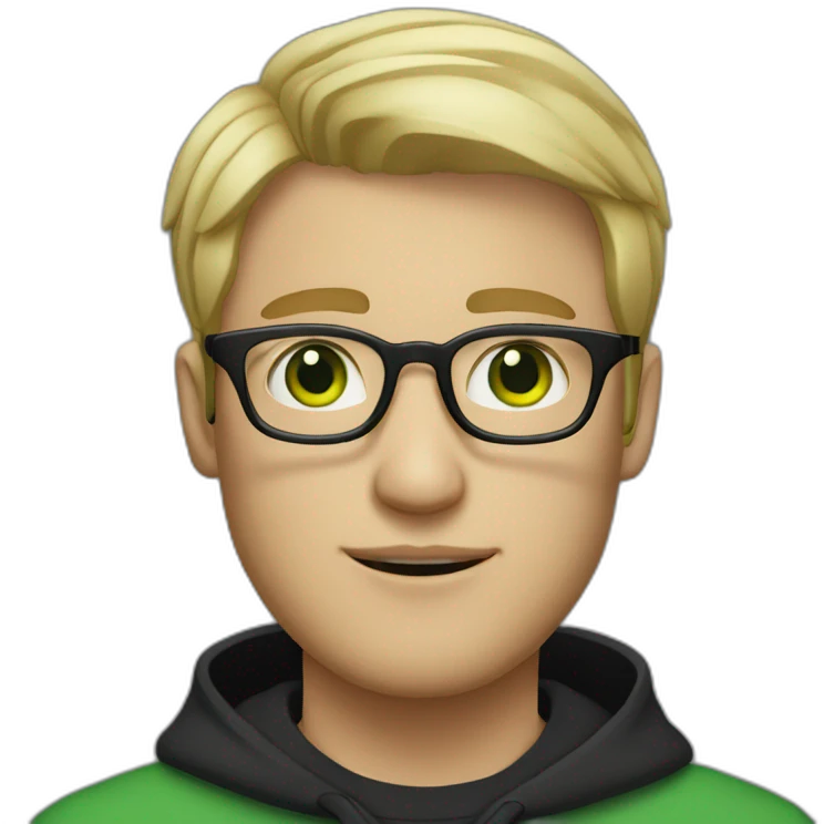 A blond short haired man with green eyes and a black sweatshirt with clear glasses emoji