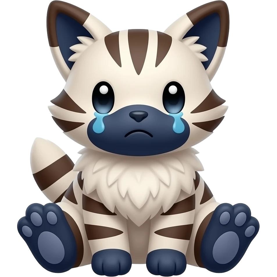 thick bushy soft realistic innocent sad pretty precious cute young dark-brown-and-white-striped Fakémon-Pokémon-feline-Zeraora-Jolteon-serval-caracal-chinchilla-Minccino-Cinccino-Meowstic-rodent-hybrid-creature (full body) with dark-blue muzzle, dark-blue puffy fluffy paws, tufted ears emoji