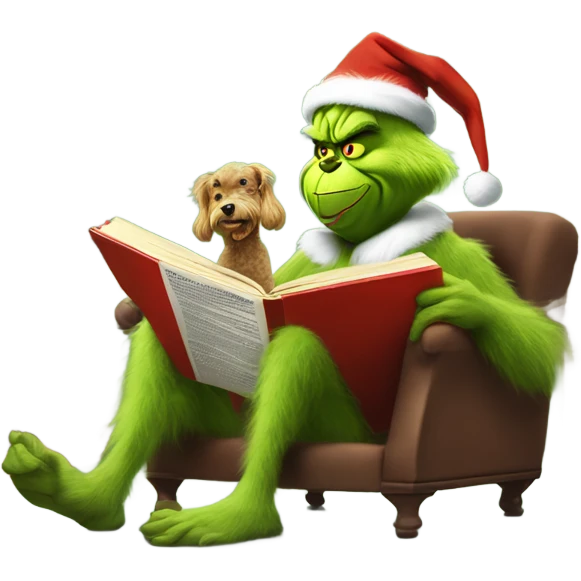 The grinch riding a poodle in the library while reading a comic book emoji