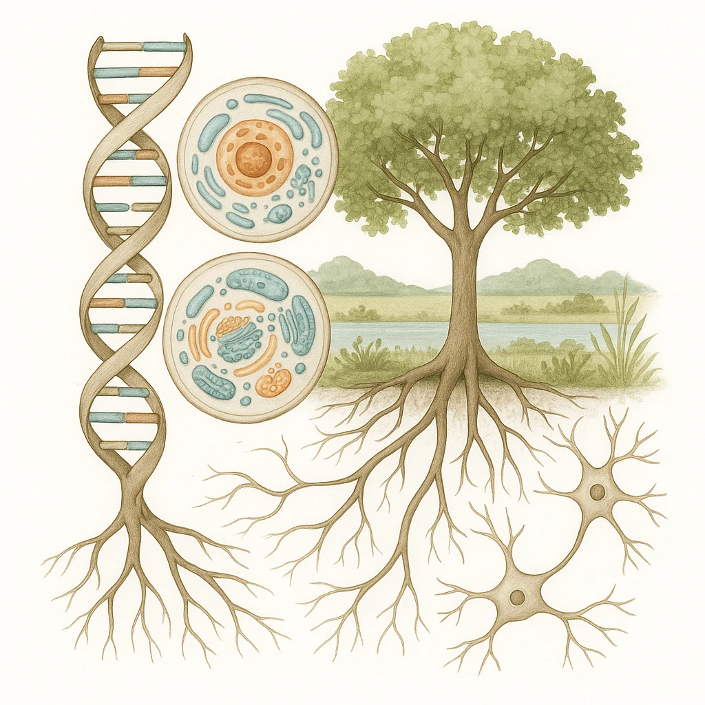 A realistic biological illustration (like in a school book) showing: DNA strands transitioning into a tree, cells with visible organelles, neurons connected to plant roots  and a balanced ecosystem background . Seamless integration, no labels or borders. Scientific color scheme, detailed but minimalist. please white background emoji