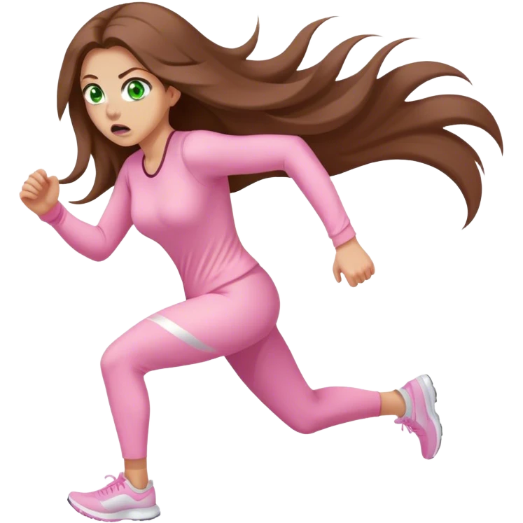 pretty woman with very long brown hair and green eyes and light pink outfit running scared emoji