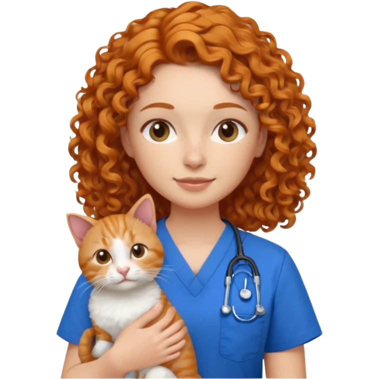 a ginger curly hair vet woman with blue scrub holding a cat emoji