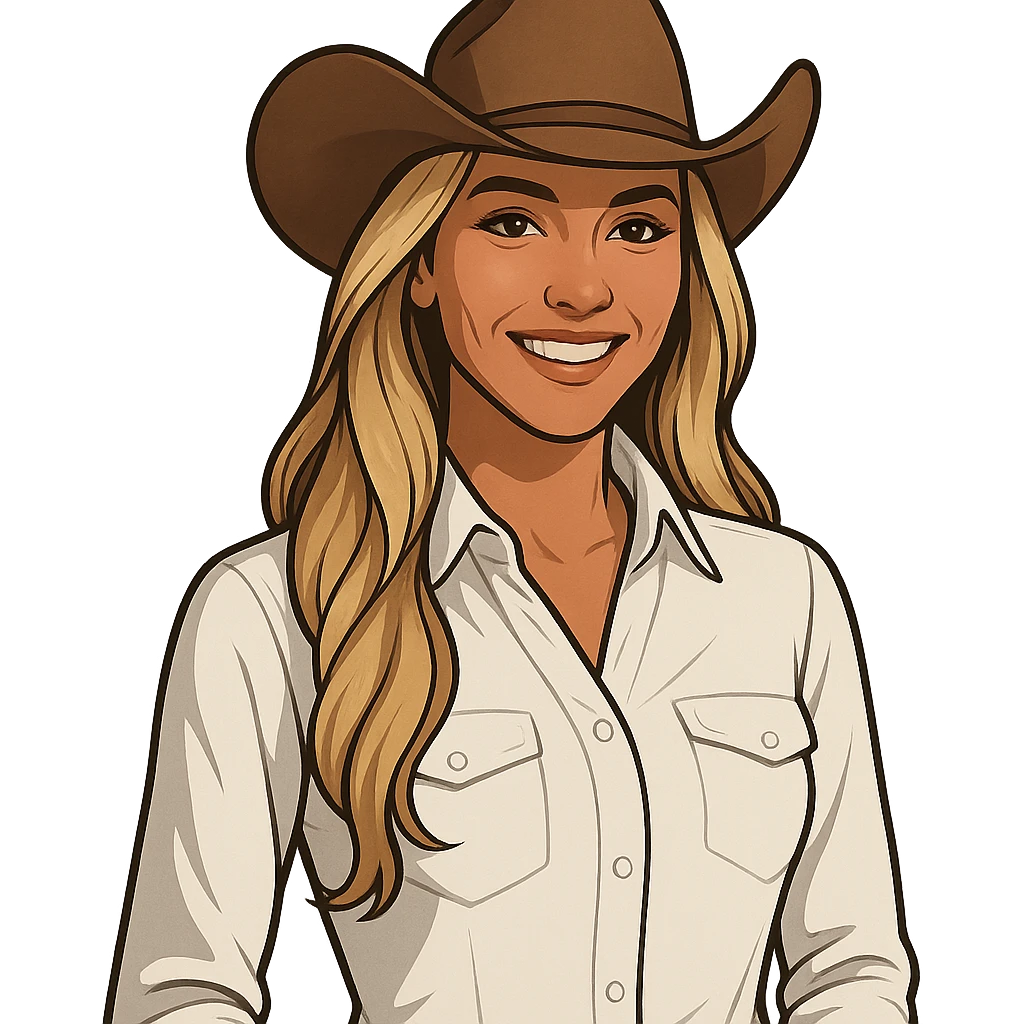 cowgirl with long blonde hair, brown eyes, wearing a cowboy hat, white clothing, tanned skin, clear and appealing style, friendly expression emoji