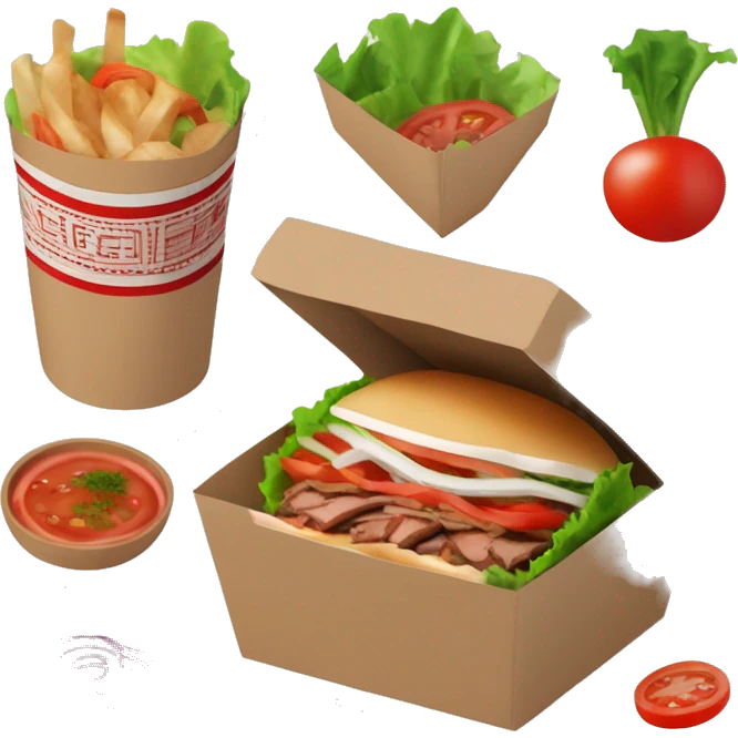 “Generate a detailed image of a doner kebab served in a takeaway box, with sliced meat, fresh lettuce, tomatoes, onions, and a drizzle of sauce.” No face emoji