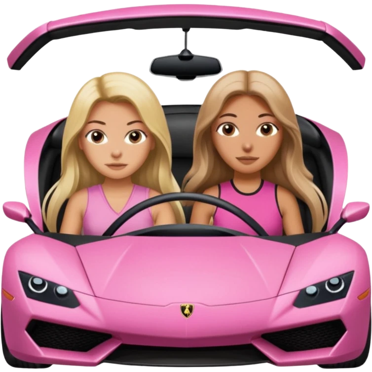Make car far away so I can see full car Car facing forward in sports car. Make hair long  One girl isFront of car sitting in the seats. Make it a pink sports car. They are two baddies make it a Lamborghini pink car  emoji