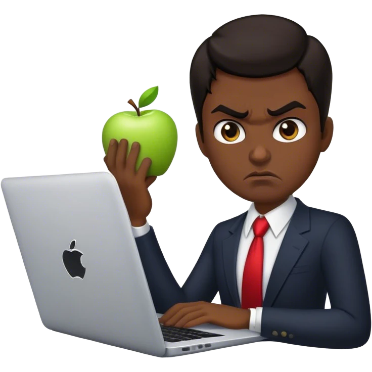 memoji of a realtor with a laptop in front, apple-style,modern,dark hair,black, angry emoji