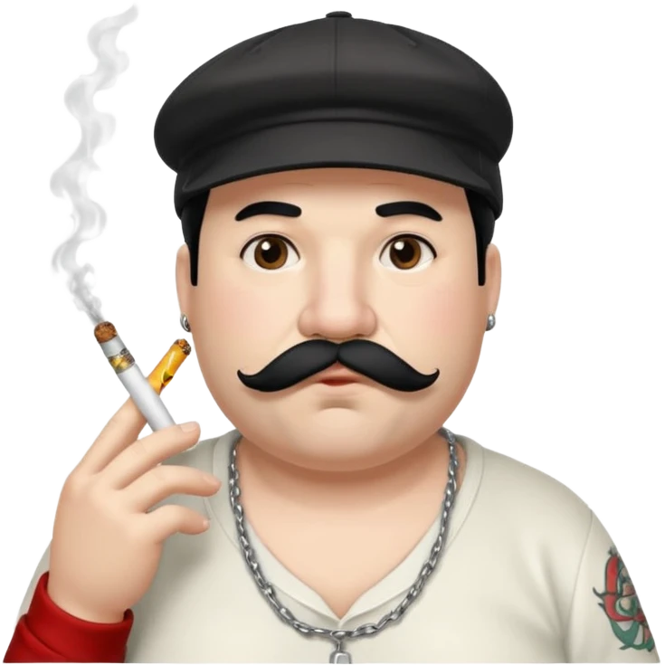 a fat father with white fur, black hair, a hip hop cap, a tattoo with a cigarette in his mouth, and a mustache. emoji