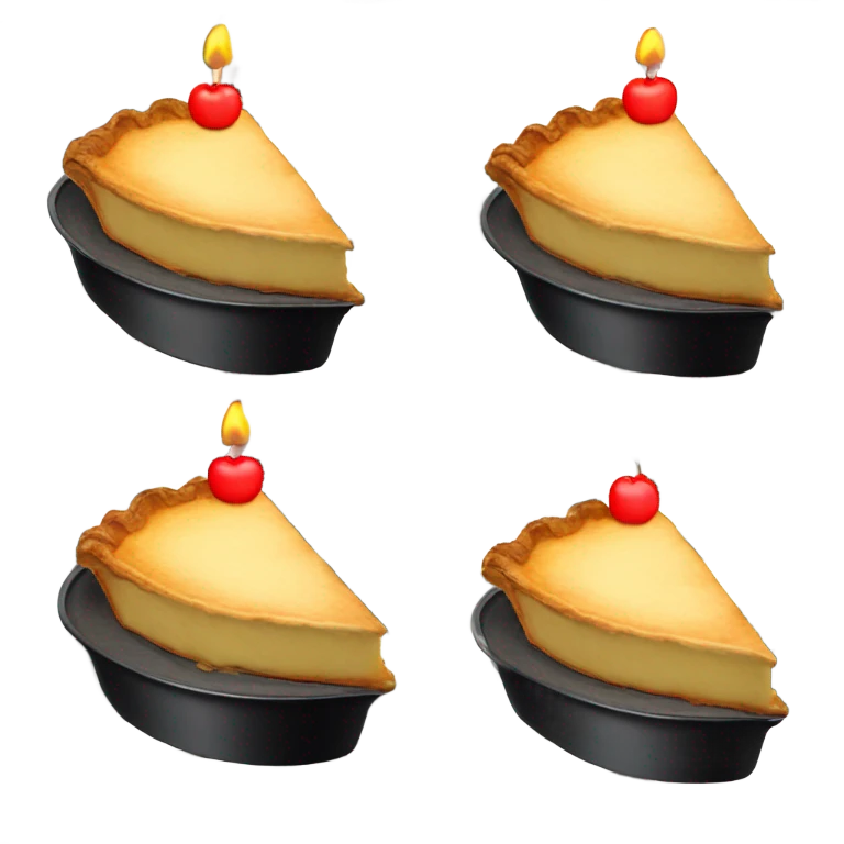Slice of apple pie with a birthday candle on it in a black pan on a red and white checkered table cloth  emoji