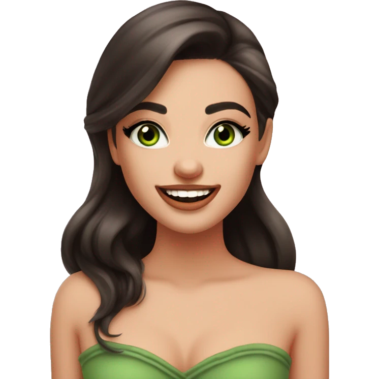 beautiful girl with high cheek bones orange blush, long straight shiny dark brown hair, big green eyes and big pale pink lips. Long thick eyelashes. Wearing a cream bustier.  She is laughing emoji