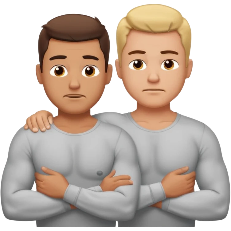 Two buff dudes. Both facing the same direction. Both of them have their shirts off. The person behind is giving the person in front a back massage with both hands over the person in the fronts shoulders. They’re making a morning face. emoji