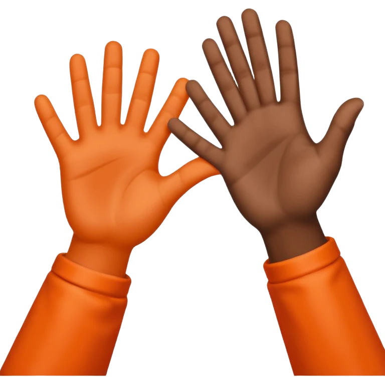 a high-five between two hands, one fair-skinned and one dark-skinned, wearing bright orange sleeves. emoji