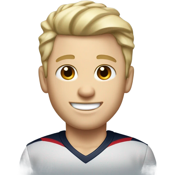 Skinny Caucasian male blonde combed over hair smiling wearing a Houston Texans polo emoji