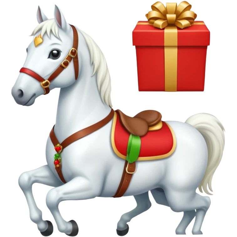 christmas new year's white horse with a red saddle with gift box on saddle emoji