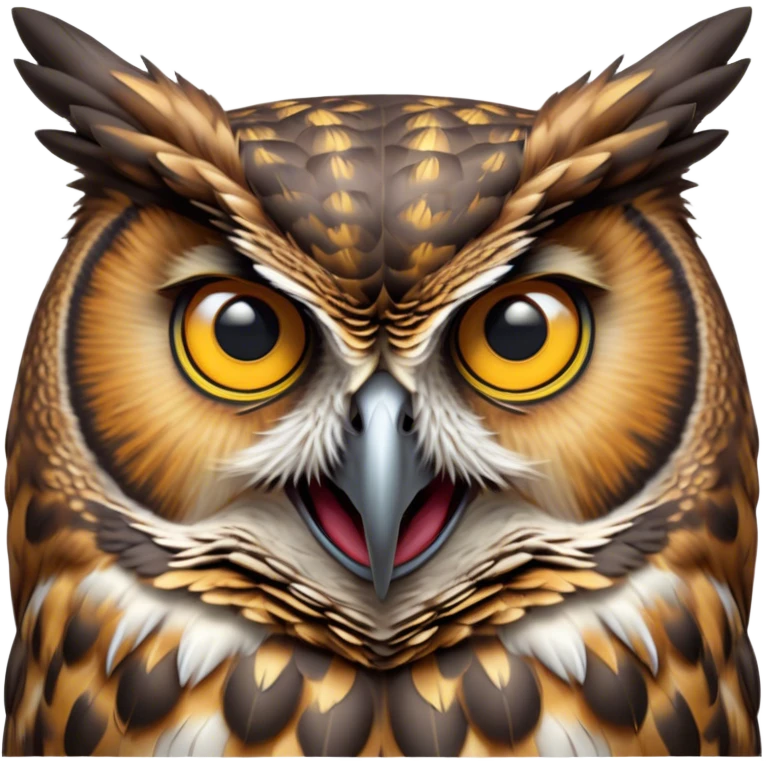 Cinematic Comical Great Horned Owl Portrait Emoji, Head tilted dramatically with an exaggeratedly amused expression, featuring a strikingly patterned mottled plumage with bold contrasts, wide, expressive golden eyes filled with playful disbelief, Simplified yet hilariously expressive features, highly detailed, glowing with a slightly sassy glow, high shine, dramatic yet playful, stylized with an air of cheeky nocturnal mischief, bright and endearing, soft glowing outline, capturing the essence of a spirited and over-the-top owl, so meme-worthy it feels like it could hoot its way into internet fame instantly! emoji