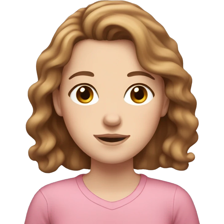 Pale white girl with brown wavy hair, freckles, brown eyes and a pink shirt.  emoji