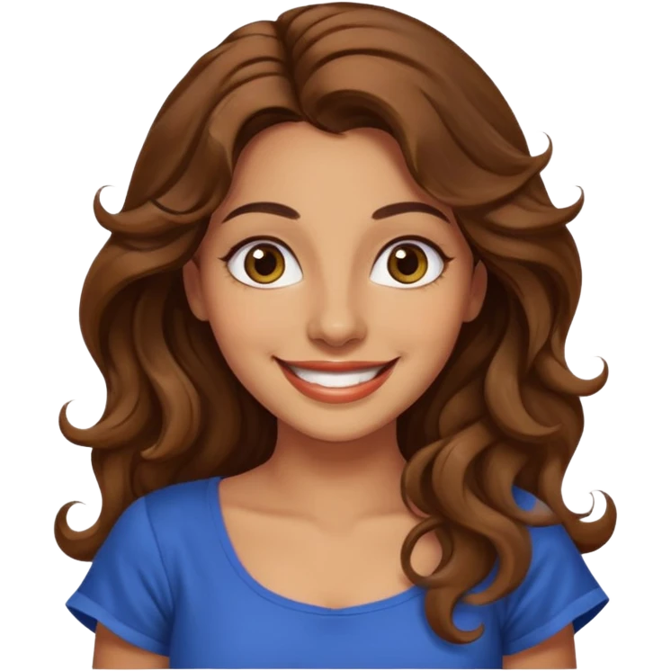 30 yr old italian woman, long brown wavy hair, big brown eyes, huge smile, fancy dress, no bangs, t shirt emoji