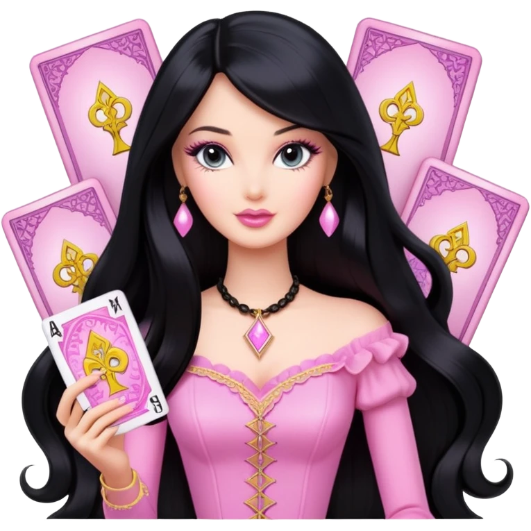 long black hair barbie with light pink tarot cards emoji
