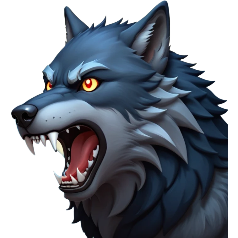 cinematic-noble-fierce-werewolf-howling-portrait-emoji, poised-and-imposing, with a fierce wolfish face tilted upwards in a haunting howl, glowing eyes full of primal ferocity, sharp, and a rugged snout, fur rippling in shades of midnight black and silver, muscles tensed as the powerful howl echoes beneath the moonlit sky; rendered with realism, capturing the raw, untamed power of the beast in its wild, primal state emoji