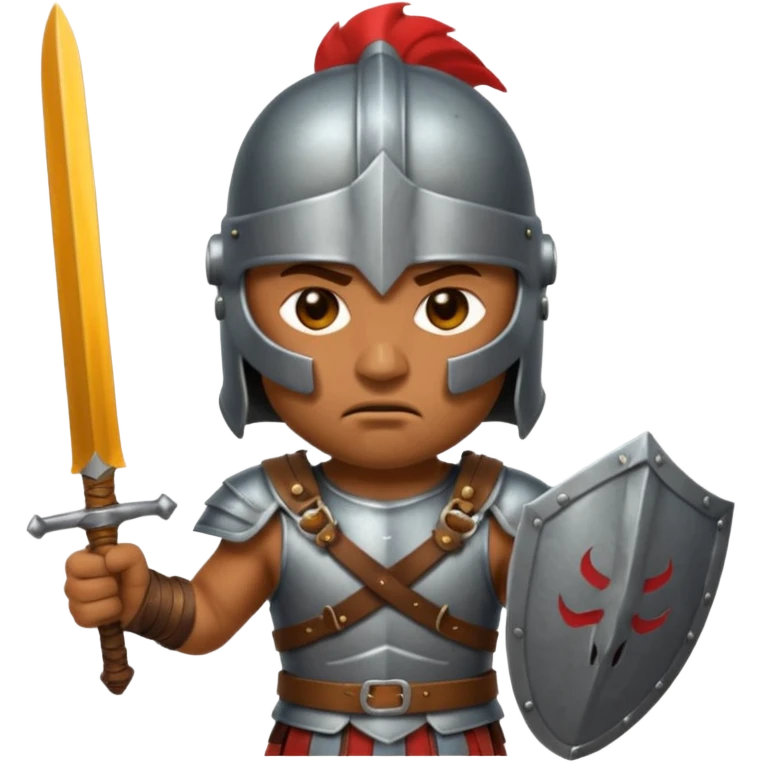 Emoji portrait of an entertainment slave (gladiator). He has an angry expression and wears a helmet, holding a short sword. emoji