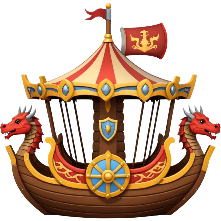 viking-themed carousel with wooden structure, viking ship seats, shields and dragon heads as decorations, emoji style emoji