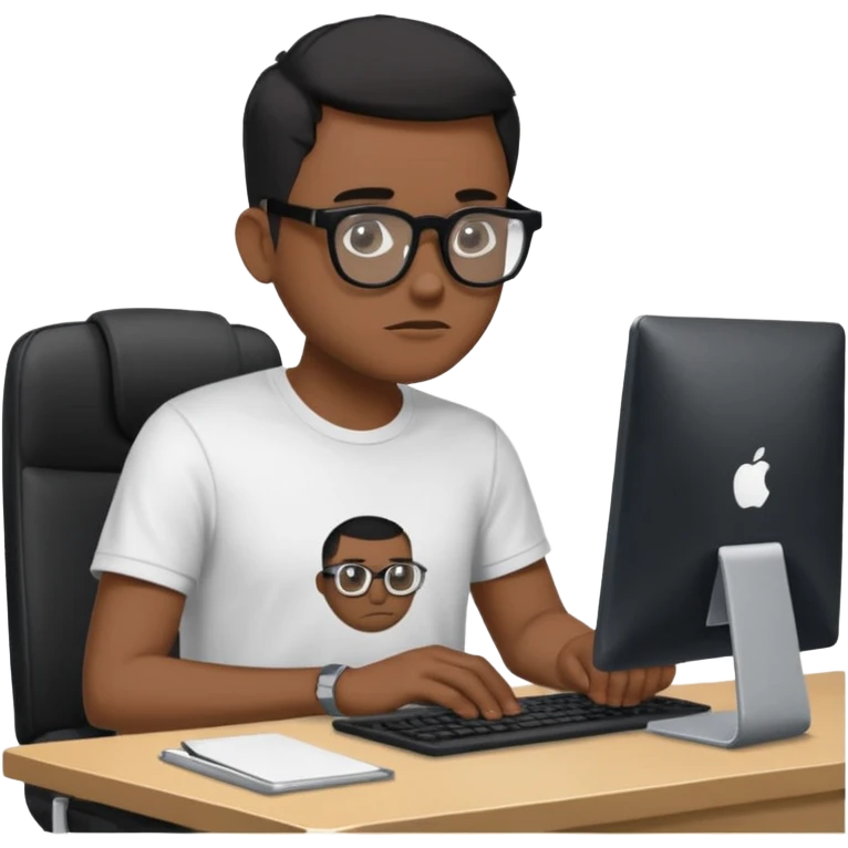 Un homme développeur de teint noir, assis à un bureau moderne avec un ordinateur portable allumé devant lui, écran affichant du code en exécution. Il porte une tenue casual (t-shirt sombre ou chemise simple), lunettes élégantes optionnelles. Expression concentrée, lumière douce venant de l’écran.  emoji