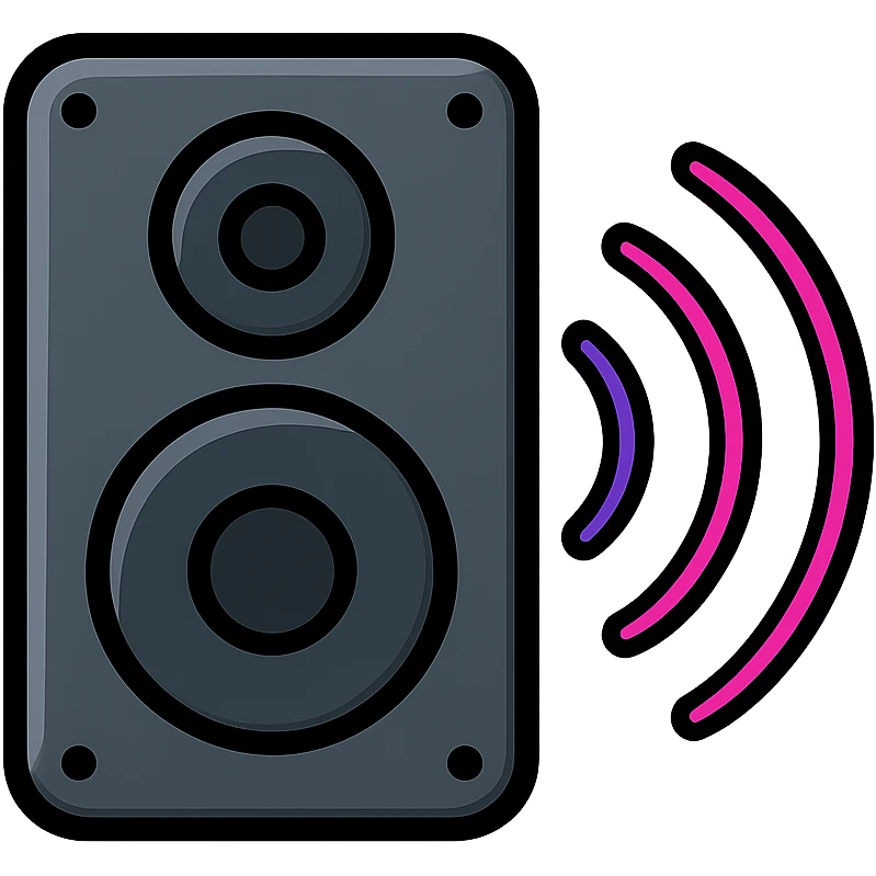 dark sleek metal speaker with subtle shine, sound waves in purple to pink gradient with neon effect emoji