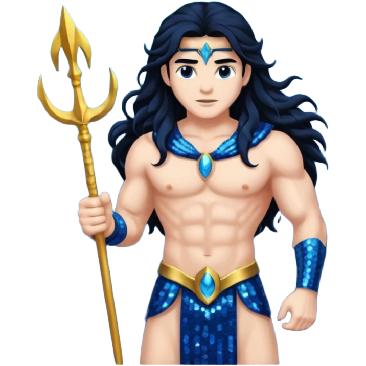 Neptune, God of the Sea from Gods and Goddesses with long black hair, dark blue sequin outfit emoji
