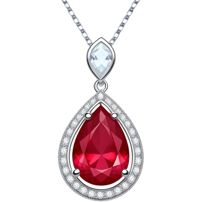 teardrop ruby pendant with silver chain, white stones, and luminous aura symbolizing renewal emoji