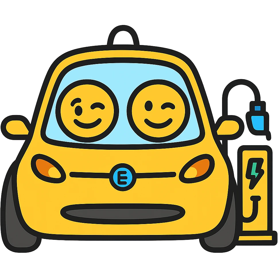 Change the EV car to yellow, keep the adorable round eyes and EV charger on the right, with no background. emoji