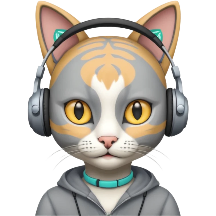 a grey cat wearing headphones and there is a sims logo over her head emoji